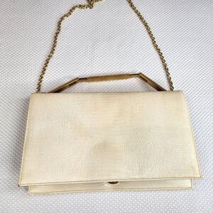 Vintage 80s Off White Leather Clutch Faux Snakeskin Handbag Bag Gold Chain